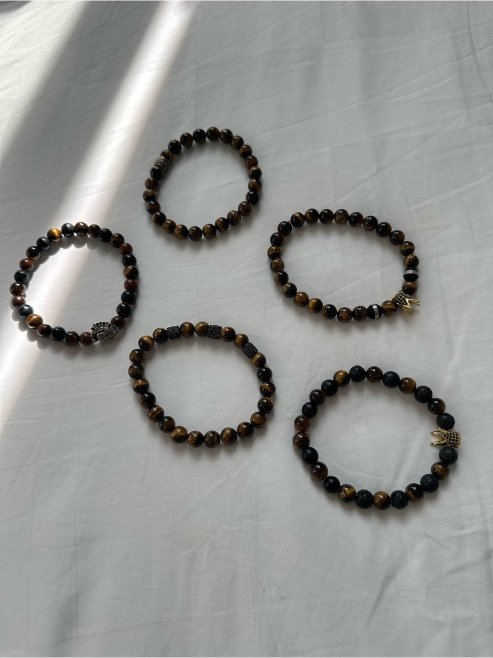 Men’s Beaded Stretch Bracelet Set | Tiger’s Eye, Lava Stone & Crown Charms